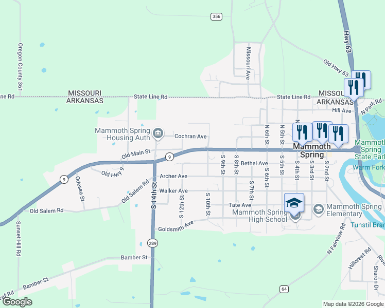 map of restaurants, bars, coffee shops, grocery stores, and more near 250 South 12th Street in Mammoth Spring