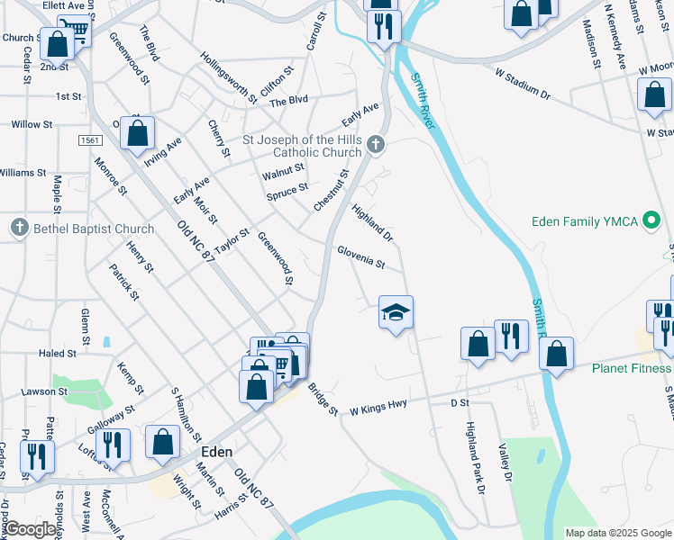 map of restaurants, bars, coffee shops, grocery stores, and more near 510 Boone Road in Eden