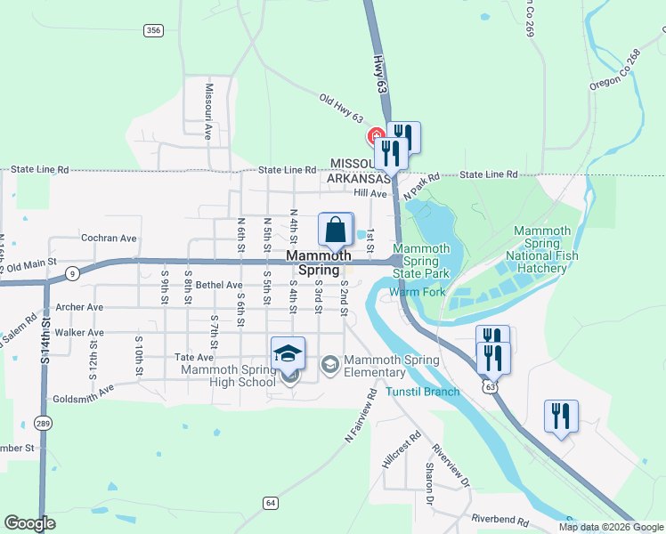map of restaurants, bars, coffee shops, grocery stores, and more near in Mammoth Spring