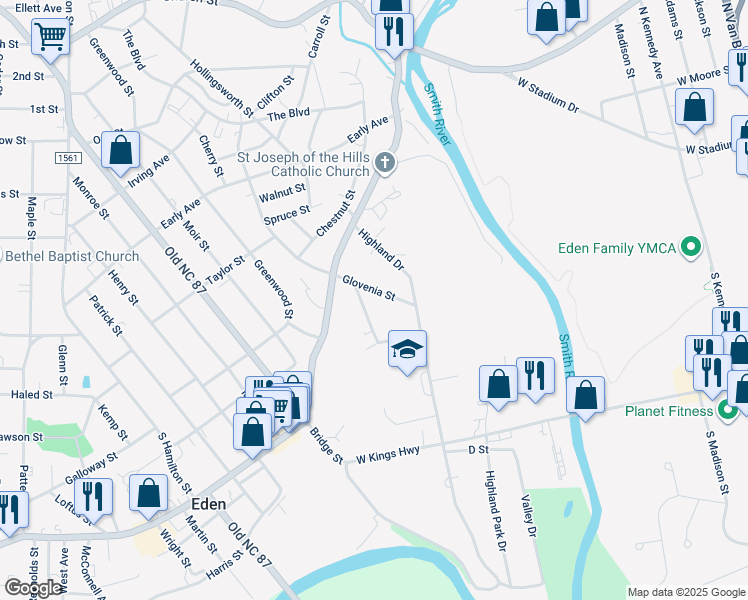 map of restaurants, bars, coffee shops, grocery stores, and more near 559 Glovenia Street in Eden