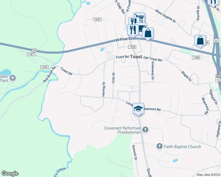 map of restaurants, bars, coffee shops, grocery stores, and more near 224 Critz Street in Mount Airy
