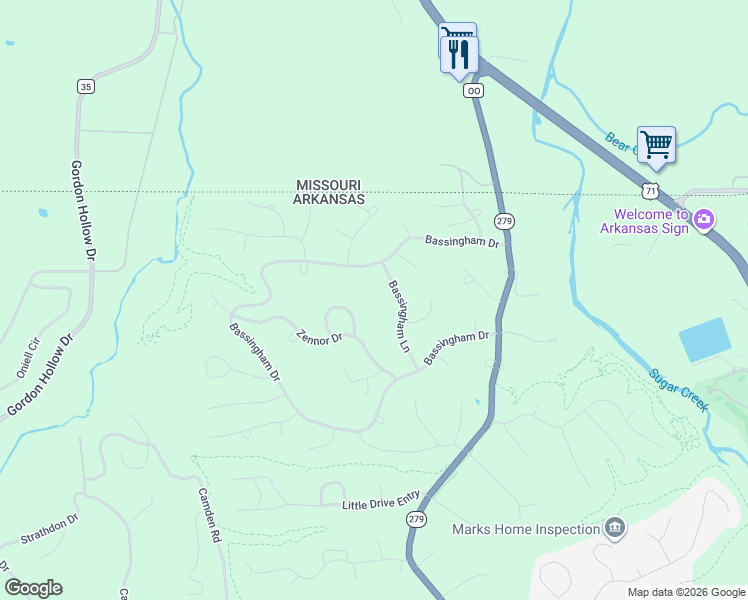 map of restaurants, bars, coffee shops, grocery stores, and more near 13 Bassingham Lane in Bella Vista