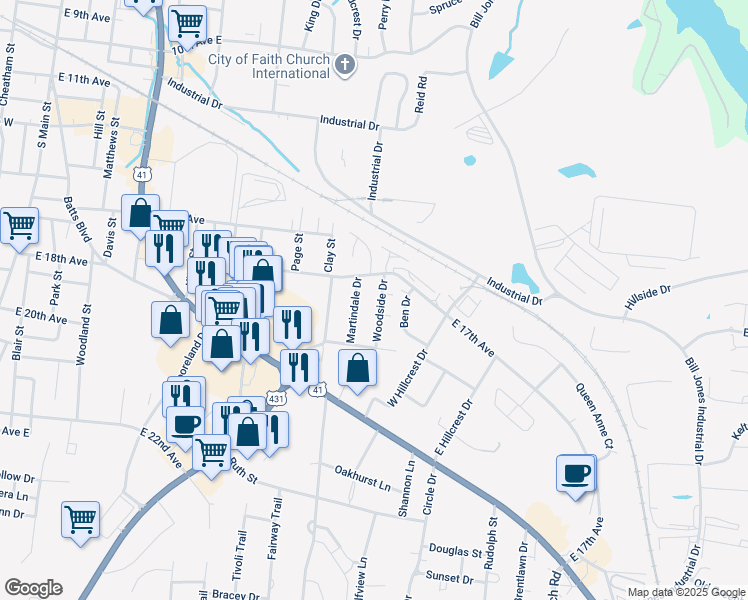 map of restaurants, bars, coffee shops, grocery stores, and more near 1712 Martindale Drive in Springfield