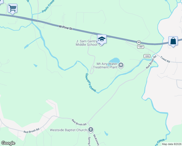 map of restaurants, bars, coffee shops, grocery stores, and more near 348 Widows Peak Trail in Mount Airy