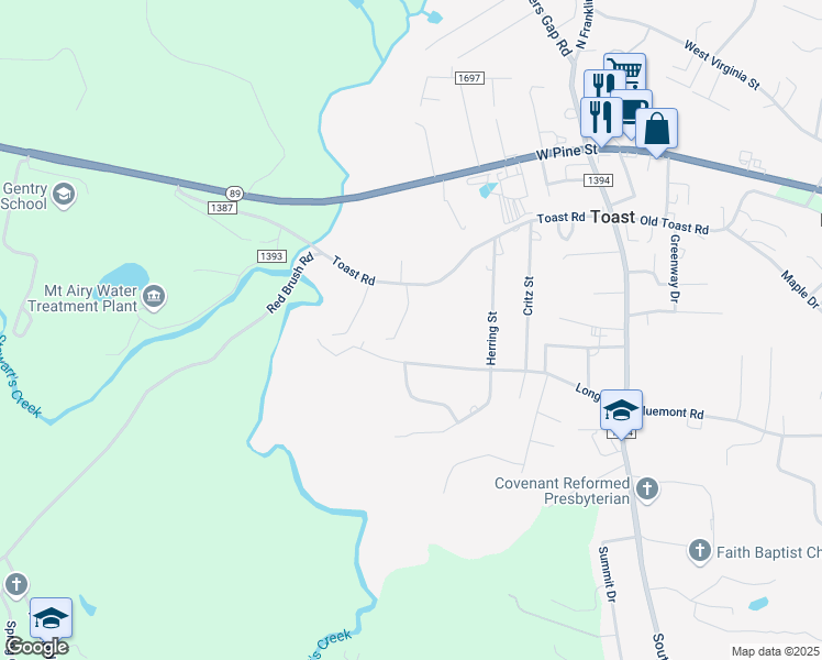 map of restaurants, bars, coffee shops, grocery stores, and more near 145 Splendor Lane in Mount Airy