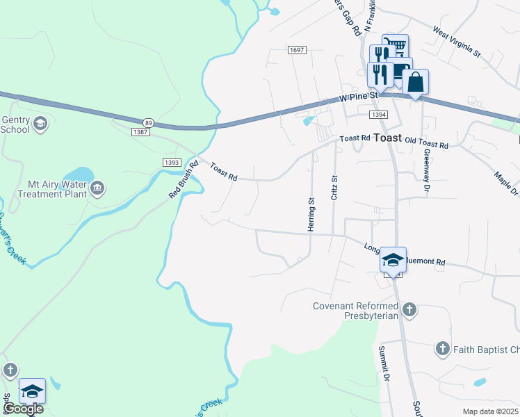 map of restaurants, bars, coffee shops, grocery stores, and more near 145 Splendor Lane in Mount Airy