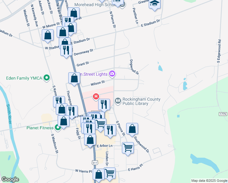 map of restaurants, bars, coffee shops, grocery stores, and more near 500 South Pierce Street in Eden