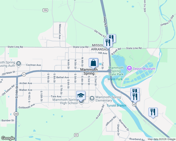 map of restaurants, bars, coffee shops, grocery stores, and more near 315 Main Street in Mammoth Spring