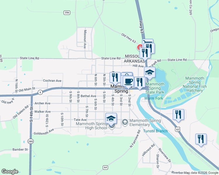 map of restaurants, bars, coffee shops, grocery stores, and more near 370 North 4th Street in Mammoth Spring