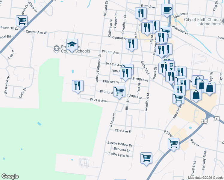 map of restaurants, bars, coffee shops, grocery stores, and more near 106 19th Avenue West in Springfield