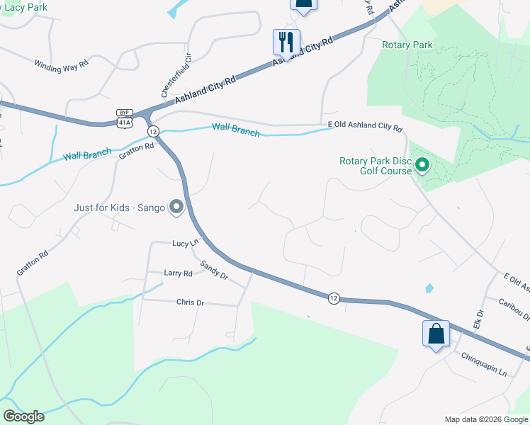 map of restaurants, bars, coffee shops, grocery stores, and more near 2475 Shadowood Road in Clarksville