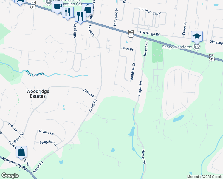 map of restaurants, bars, coffee shops, grocery stores, and more near 162 Shady Maple Drive in Clarksville
