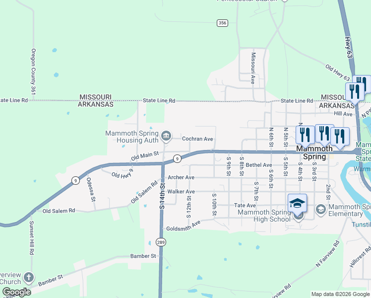 map of restaurants, bars, coffee shops, grocery stores, and more near 1225 Old Main Street in Mammoth Spring