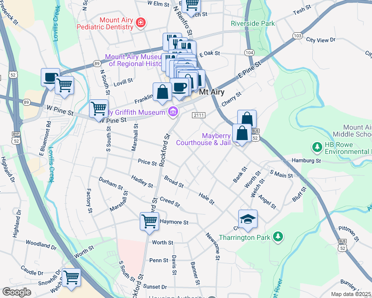 map of restaurants, bars, coffee shops, grocery stores, and more near 307 Spring Street in Mount Airy