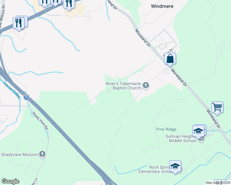 map of restaurants, bars, coffee shops, grocery stores, and more near 283 Ridgeway Road in Kingsport