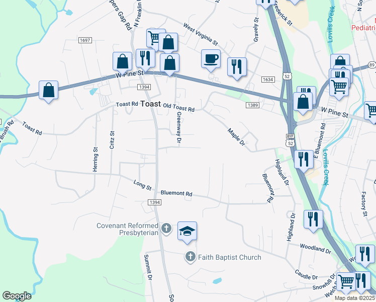 map of restaurants, bars, coffee shops, grocery stores, and more near 175 Linwood Drive in Mount Airy