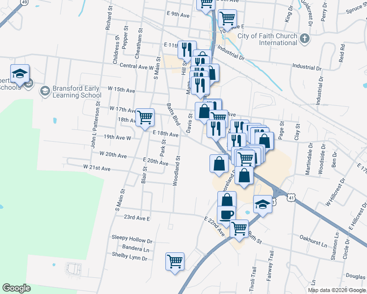 map of restaurants, bars, coffee shops, grocery stores, and more near 311 East 18th Avenue in Springfield