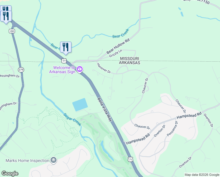 map of restaurants, bars, coffee shops, grocery stores, and more near 5 Bere Circle in Bella Vista