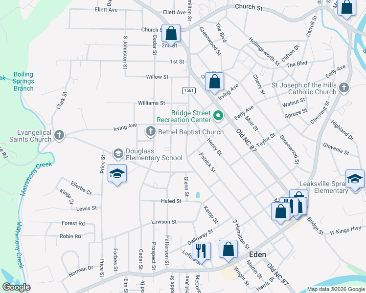 map of restaurants, bars, coffee shops, grocery stores, and more near 313 South Hamilton Street in Eden