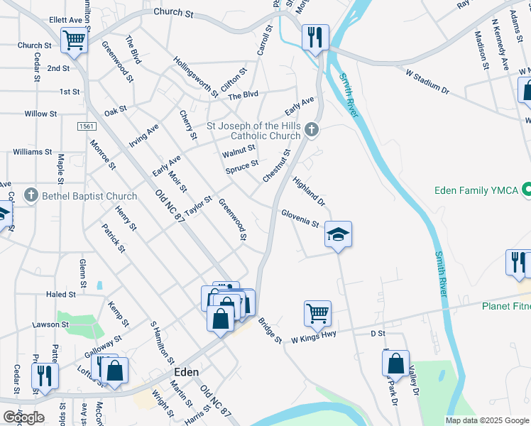 map of restaurants, bars, coffee shops, grocery stores, and more near 531 Glovenia Street in Eden