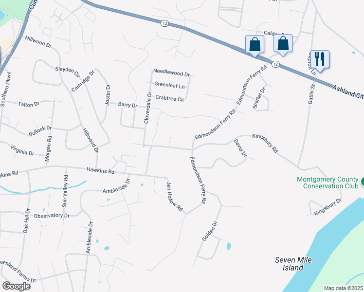 map of restaurants, bars, coffee shops, grocery stores, and more near 521 Hawkins Road in Clarksville