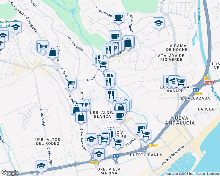 map of restaurants, bars, coffee shops, grocery stores, and more near 3 Calle el Califa in Marbella
