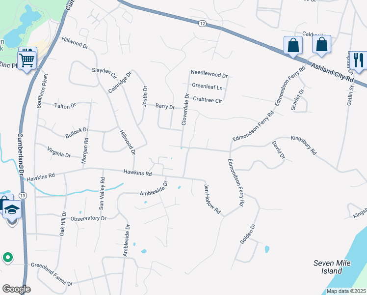 map of restaurants, bars, coffee shops, grocery stores, and more near 1281 Cloverdale Drive in Clarksville