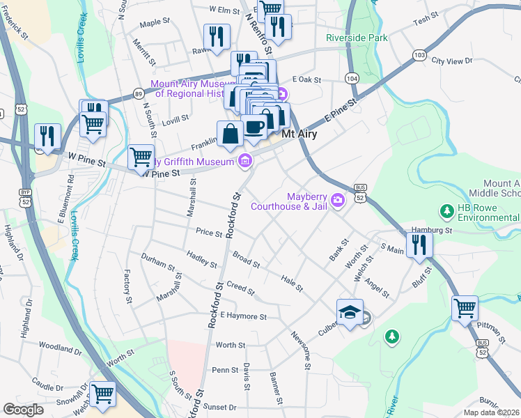 map of restaurants, bars, coffee shops, grocery stores, and more near 249 Rockford Street in Mount Airy