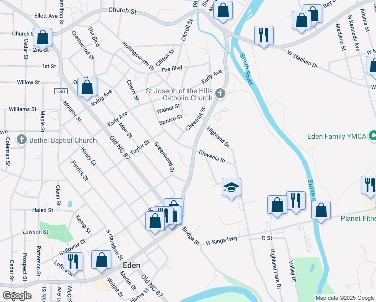 map of restaurants, bars, coffee shops, grocery stores, and more near 531 Glovenia Street in Eden