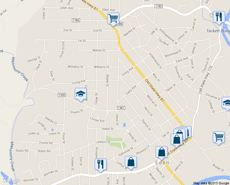 map of restaurants, bars, coffee shops, grocery stores, and more near 319 South Hamilton Street in Eden