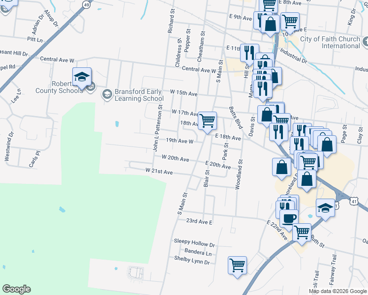 map of restaurants, bars, coffee shops, grocery stores, and more near 106 19th Avenue West in Springfield