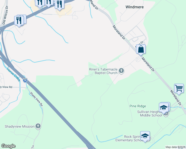 map of restaurants, bars, coffee shops, grocery stores, and more near 283 Ridgeway Road in Kingsport