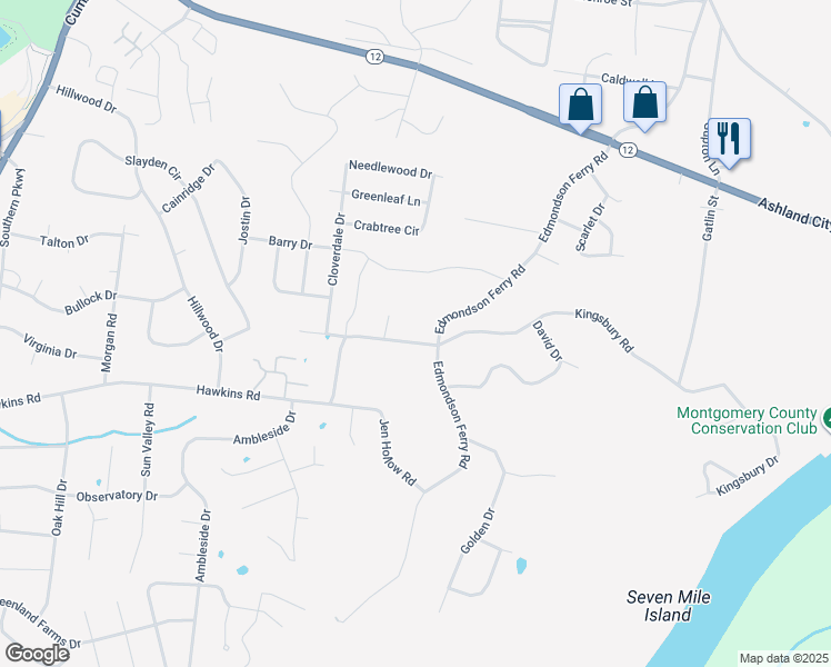 map of restaurants, bars, coffee shops, grocery stores, and more near 521 Hawkins Road in Clarksville