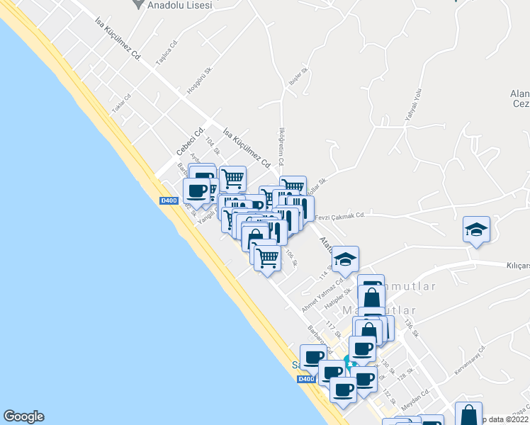 map of restaurants, bars, coffee shops, grocery stores, and more near 108. Sokak in Alanya