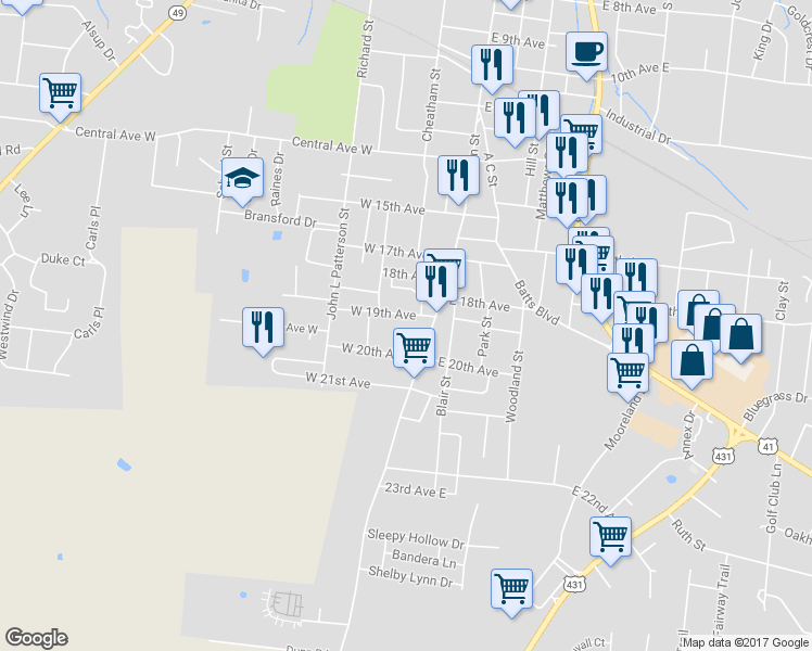 map of restaurants, bars, coffee shops, grocery stores, and more near 106 19th Avenue West in Springfield