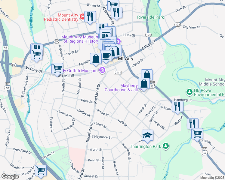 map of restaurants, bars, coffee shops, grocery stores, and more near 307 Spring Street in Mount Airy