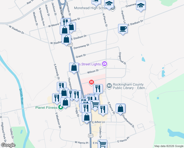 map of restaurants, bars, coffee shops, grocery stores, and more near 132 Wilson Street in Eden