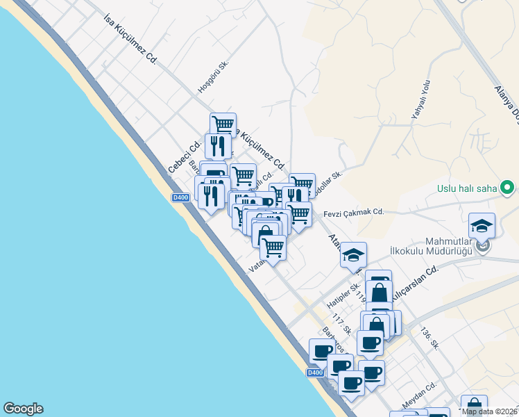 map of restaurants, bars, coffee shops, grocery stores, and more near No:107 Aydın Sokak in Alanya
