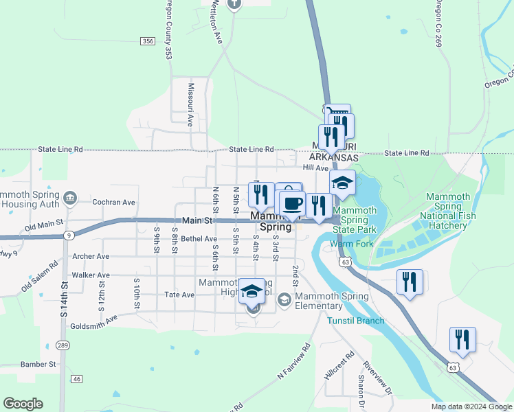 map of restaurants, bars, coffee shops, grocery stores, and more near 370 North 4th Street in Mammoth Spring
