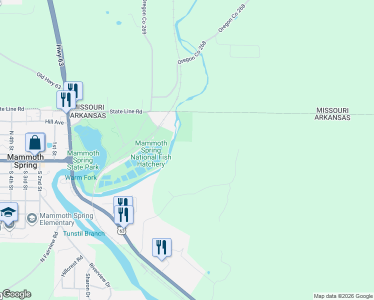 map of restaurants, bars, coffee shops, grocery stores, and more near in Mammoth Spring