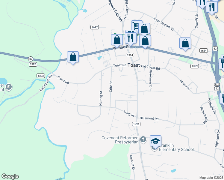 map of restaurants, bars, coffee shops, grocery stores, and more near 195 Critz Street in Mount Airy