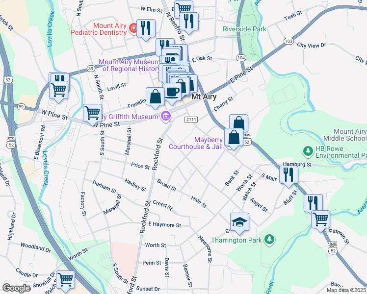 map of restaurants, bars, coffee shops, grocery stores, and more near 307 Spring Street in Mount Airy