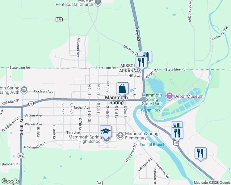 map of restaurants, bars, coffee shops, grocery stores, and more near 315 Main Street in Mammoth Spring