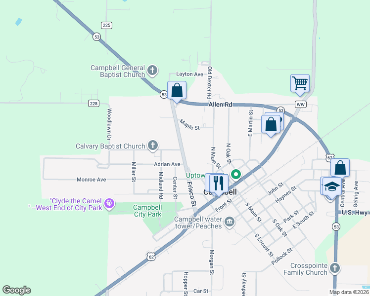 map of restaurants, bars, coffee shops, grocery stores, and more near 502 State Highway OO in Campbell