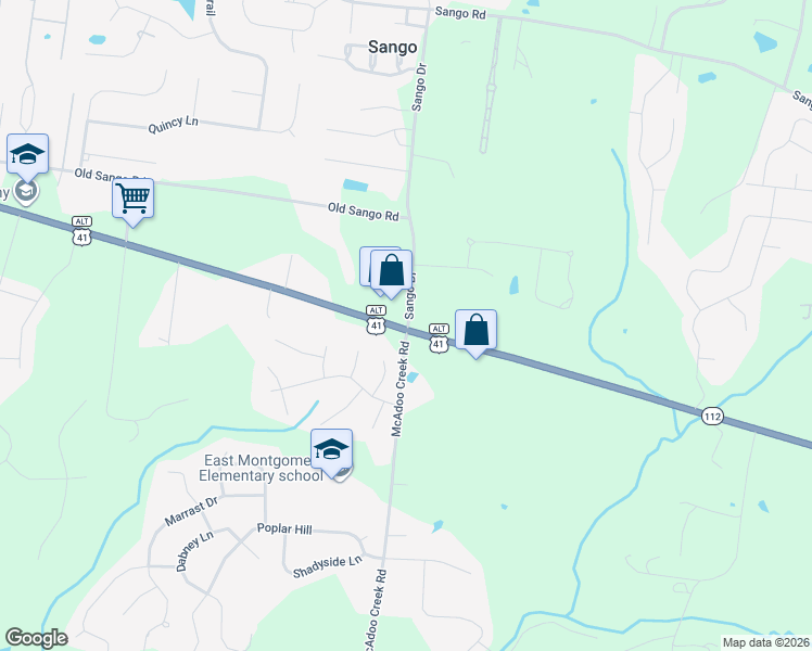 map of restaurants, bars, coffee shops, grocery stores, and more near 100 Sango Drive in Clarksville
