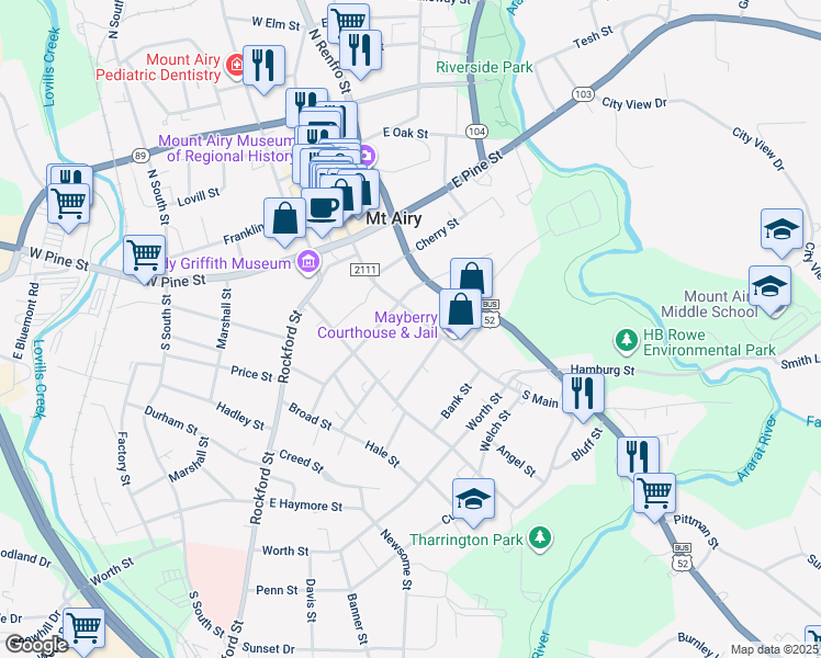 map of restaurants, bars, coffee shops, grocery stores, and more near 418 South Main Street in Mount Airy