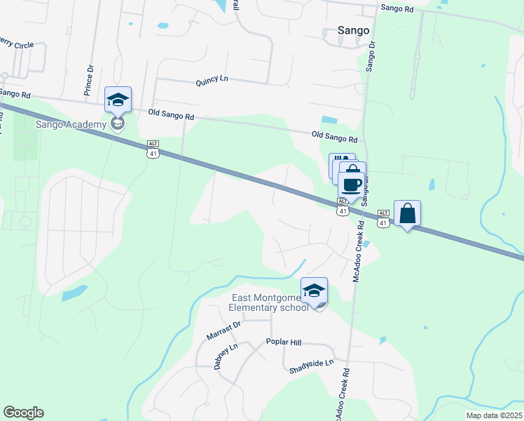 map of restaurants, bars, coffee shops, grocery stores, and more near 112 Sango Place Villas Drive in Clarksville