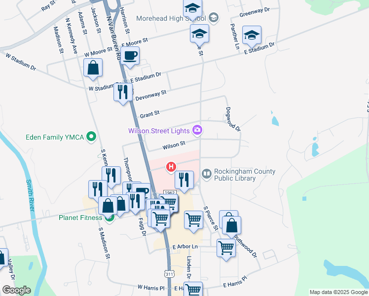 map of restaurants, bars, coffee shops, grocery stores, and more near 132 Wilson Street in Eden