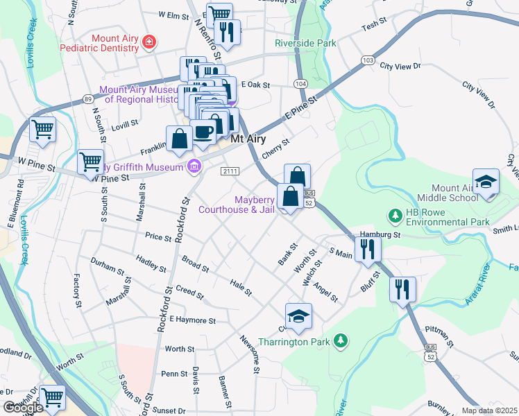 map of restaurants, bars, coffee shops, grocery stores, and more near 418 South Main Street in Mount Airy