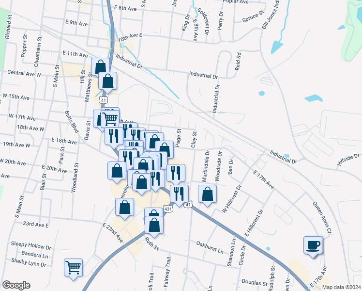 map of restaurants, bars, coffee shops, grocery stores, and more near 1618 Page Street in Springfield